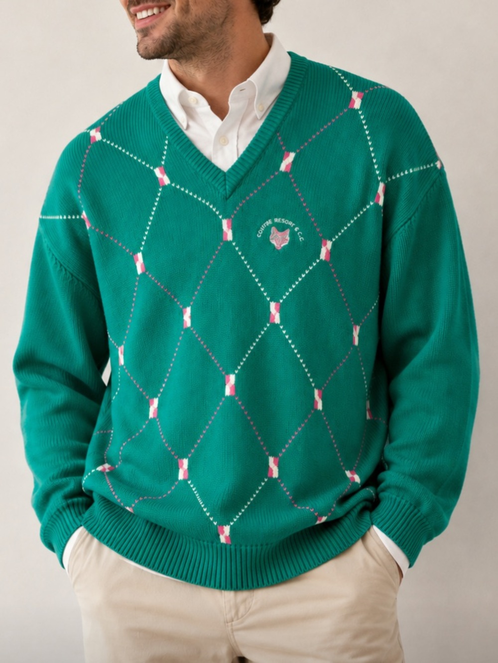 Vintage La Mode Teal Argyle V-Neck Sweater XL 100% Cotton Preppy Golf